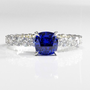 Cushion Cut Lab Grown Sapphire Hidden Halo Pave Engagement Ring