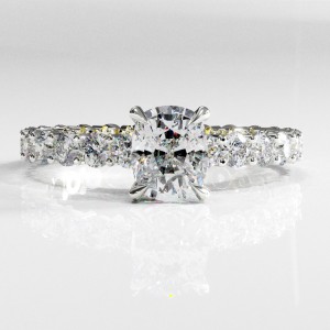 Elongated Cushion Cut Moissanite Hidden Halo Side Stone Engagement Ring