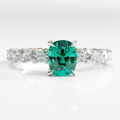 Elongated Cushion Cut Lab Grown Emerald Hidden Halo Side Stone Engagement Ring