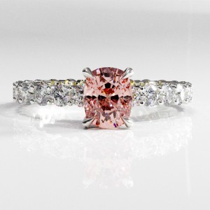 Elongated Cushion Cut Lab Grown Morganite Hidden Halo Side Stone Engagement Ring