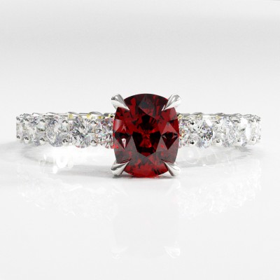 Elongated Cushion Cut Lab Grown Ruby Hidden Halo Side Stone Engagement Ring