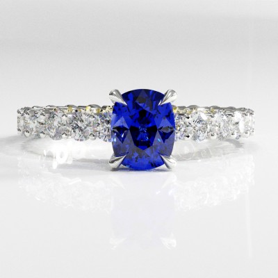 Elongated Cushion Cut Lab Grown Sapphire Hidden Halo Side Stone Engagement Ring