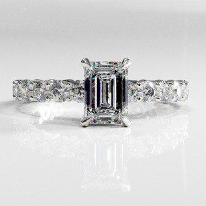 Emerald Cut Moissanite Hidden Halo Side Stone Engagement Ring