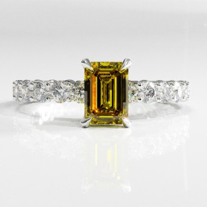 Emerald Cut Moissanite Hidden Halo Side Stone Engagement Ring