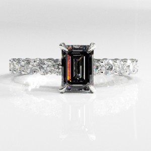 Emerald Cut Moissanite Hidden Halo Side Stone Engagement Ring