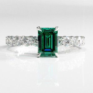 Emerald Cut Lab Grown Emerald Hidden Halo Side Stone Engagement Ring