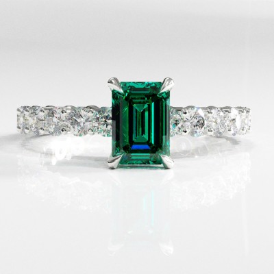 Emerald Cut Lab Grown Emerald Hidden Halo Side Stone Engagement Ring