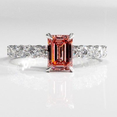 Emerald Cut Lab Grown Morganite Hidden Halo Side Stone Engagement Ring