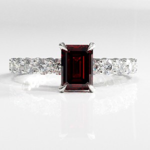 Emerald Cut Lab Grown Ruby Hidden Halo Side Stone Engagement Ring