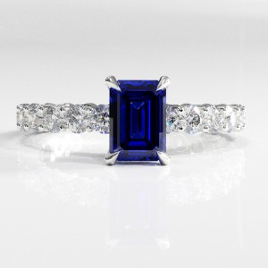 Emerald Cut Lab Grown Sapphire Hidden Halo Side Stone Engagement Ring