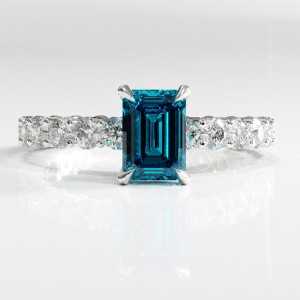 Emerald Cut Natural Topaz Hidden Halo Side Stone Engagement Ring