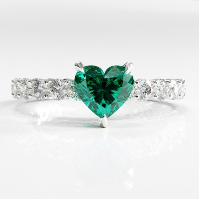 Heart Cut Lab Grown Emerald Hidden Halo Side Stone Engagement Ring