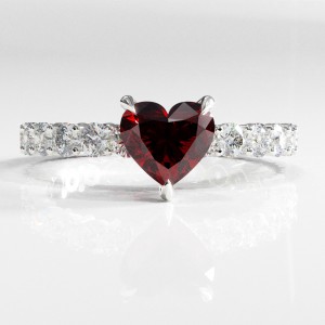 Heart Cut Lab Grown Ruby Hidden Halo Side Stone Engagement Ring