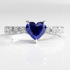 Heart Cut Lab Grown Sapphire Hidden Halo Side Stone Engagement Ring