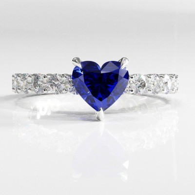 Heart Cut Lab Grown Sapphire Hidden Halo Side Stone Engagement Ring