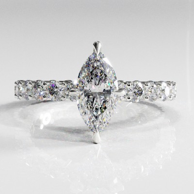 Marquise Cut Moissanite Hidden Halo Side Stone Engagement Ring