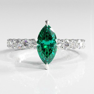 Marquise Cut Lab Grown Emerald Hidden Halo Side Stone Engagement Ring