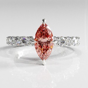 Marquise Cut Lab Grown Morganite Hidden Halo Side Stone Engagement Ring