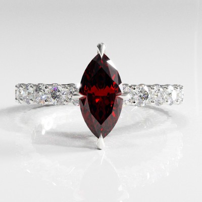 Marquise Cut Lab Grown Ruby Hidden Halo Side Stone Engagement Ring