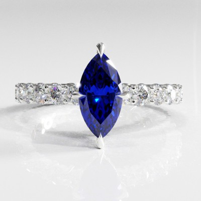 Marquise Cut Lab Grown Sapphire Hidden Halo Side Stone Engagement Ring