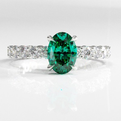 Oval Cut Lab Grown Emerald Hidden Halo Side Stone Engagement Ring