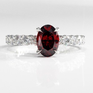 Oval Cut Lab Grown Ruby Hidden Halo Side Stone Engagement Ring