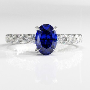 Oval Cut Lab Grown Sapphire Hidden Halo Side Stone Engagement Ring