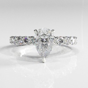 Pear Cut Moissanite Hidden Halo Side Stone Engagement Ring