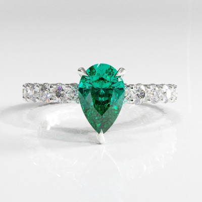 Pear Cut Lab Grown Emerald Hidden Halo Side Stone Engagement Ring