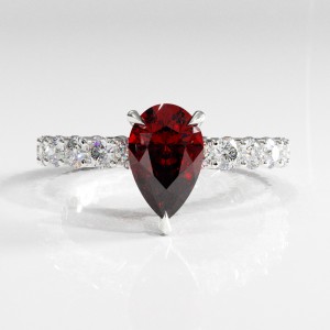 Pear Cut Lab Grown Ruby Hidden Halo Side Stone Engagement Ring