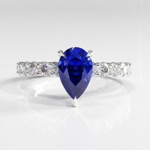 Pear Cut Lab Grown Sapphire Hidden Halo Side Stone Engagement Ring