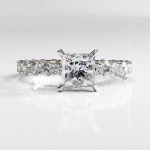 Princess Cut Moissanite Hidden Halo Side Stone Engagement Ring