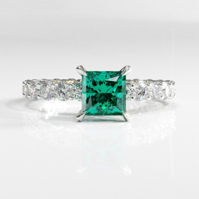 Princess Cut Lab Grown Emerald Hidden Halo Side Stone Engagement Ring