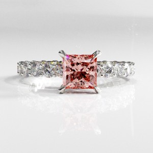 Princess Cut Lab Grown Morganite Hidden Halo Side Stone Engagement Ring