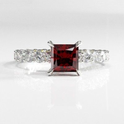 Princess Cut Lab Grown Ruby Hidden Halo Side Stone Engagement Ring