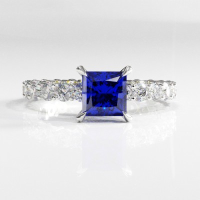 Princess Cut Lab Grown Sapphire Hidden Halo Side Stone Engagement Ring