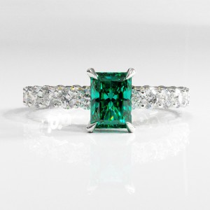 Radiant Cut Lab Grown Emerald Hidden Halo Side Stone Engagement Ring