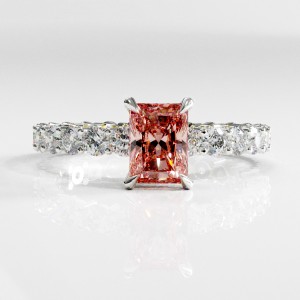 Radiant Cut Lab Grown Morganite Hidden Halo Side Stone Engagement Ring