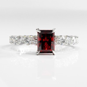 Radiant Cut Lab Grown Ruby Hidden Halo Side Stone Engagement Ring