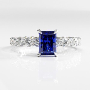 Radiant Cut Lab Grown Sapphire Hidden Halo Side Stone Engagement Ring