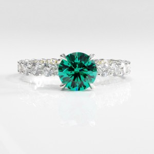 Round Cut Lab Grown Emerald Hidden Halo Side Stone Engagement Ring