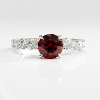 Round Cut Lab Grown Ruby Hidden Halo Side Stone Engagement Ring