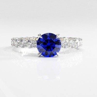 Round Cut Lab Grown Sapphire Hidden Halo Side Stone Engagement Ring